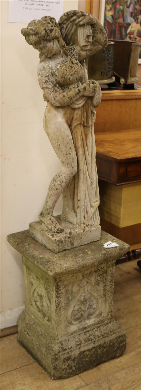 A reconstituted stone garden statue and plinth height 120cm